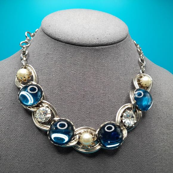 Vintage Blue Cabochon Choker Necklace, Faux Pearl Clear Rhinestone, 1950 Jewelry - Picture 10 of 10